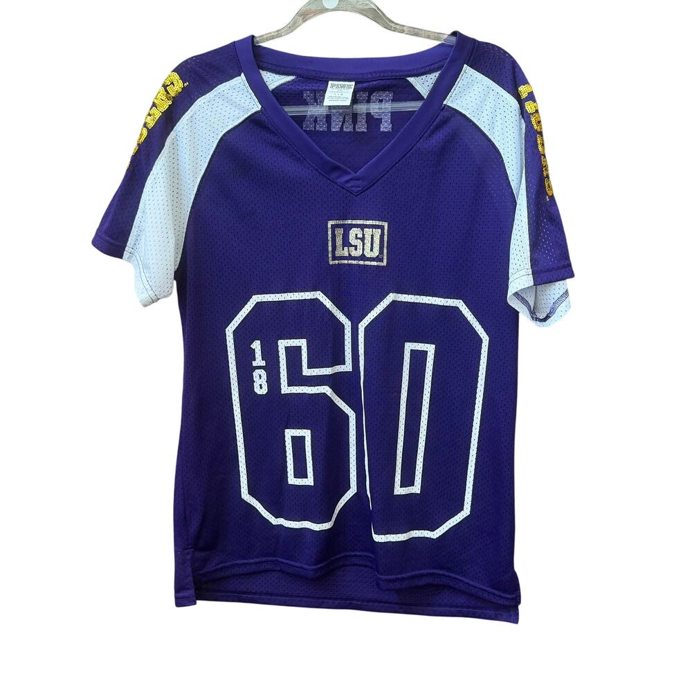 Pink Victorias Secret LSU Jersey Style Tee Sequins Large 5th & Ocean Louisiana